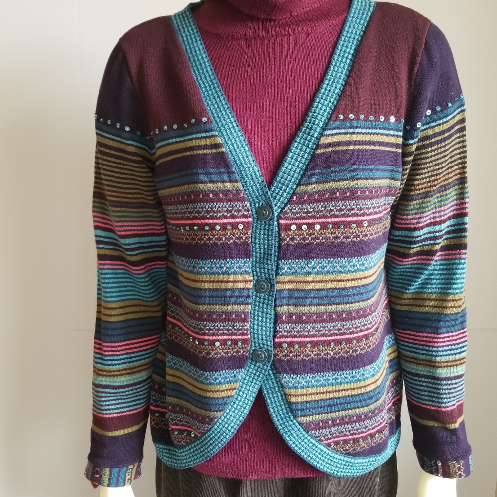 Multi-color, beaded cardigan.